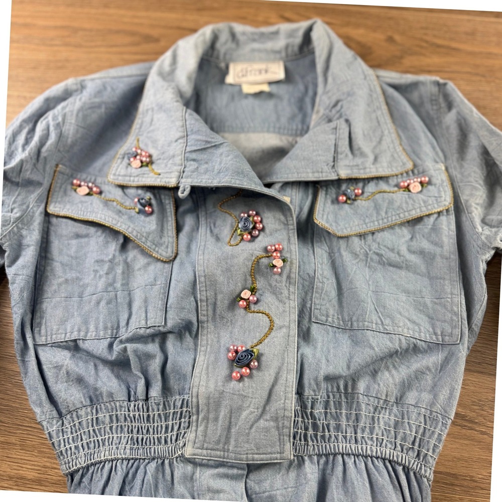 Vintage D. Frank Embellished Chambray Jumpsuit, Size 8 Made in USA 80's 90's